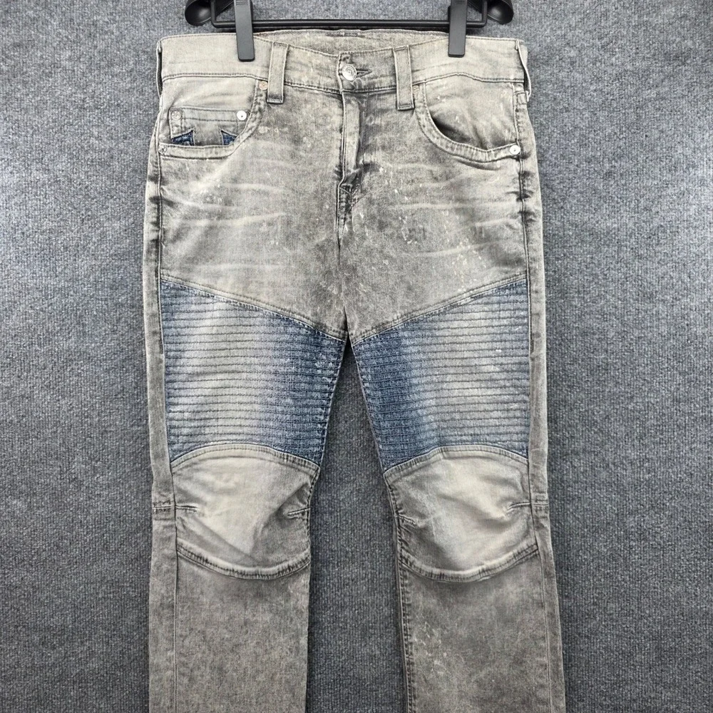 True Religion Mens Moto Grey Acid Wash Slim Biker Jeans Paint Splatter Size 33